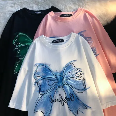 甜辣风chic蝴蝶结t恤女大码宽松纯棉设计感短袖ins圆领情侣上衣潮商品大图