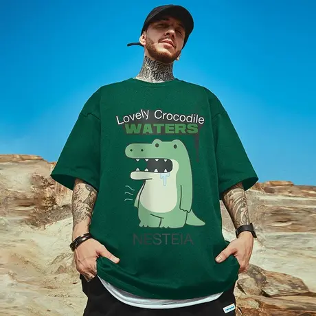 2023墨绿色大码男装重磅胖子加肥加大夏卡通印花宽松短袖T恤半袖图片