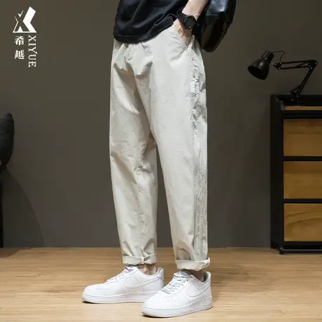 2023新款浅卡其色休闲裤男薄款宽松大码直筒秋冬男生痞帅九分裤子商品大图