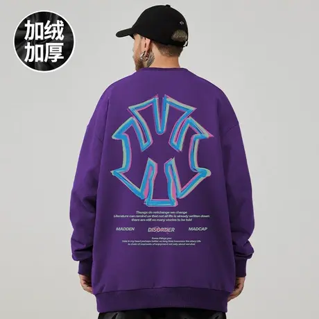 大码无帽美式潮牌胖子男装加绒加厚潮流宽松国潮圆领卫衣秋冬新款图片