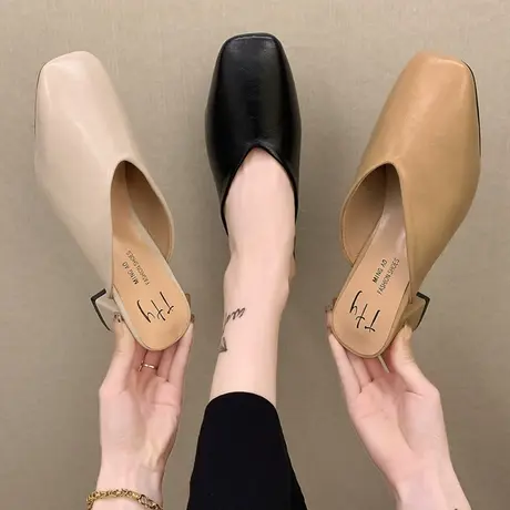 外穿包头半拖鞋女奶奶鞋2023春季新款粗跟温柔风懒人无后跟凉拖鞋商品大图