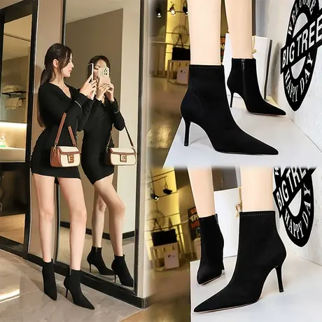 弹力显瘦短筒袜靴女细跟2022年秋冬季新款时尚百搭尖头绒面瘦瘦靴商品大图