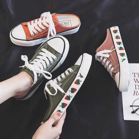 鞋子女2020潮夏款帆布鞋女学生韩版百搭草莓网红半拖一脚蹬懒人鞋图片