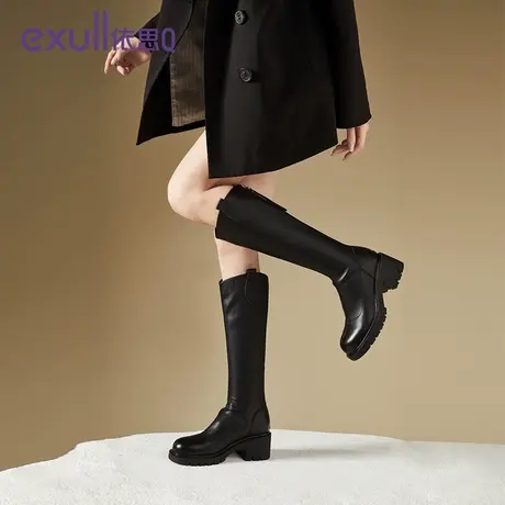 依思q厚底骑士靴女2023新款加厚秋冬轻便增高通勤黑色防水女鞋商品大图