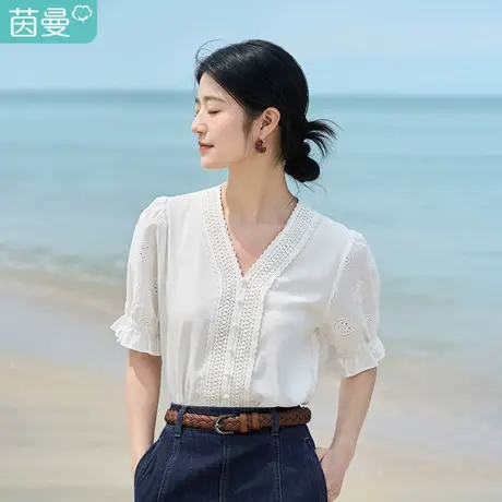 茵曼清新文艺衬衫2023夏女装新款蕾丝花边V领绣花泡泡袖短袖上衣商品大图