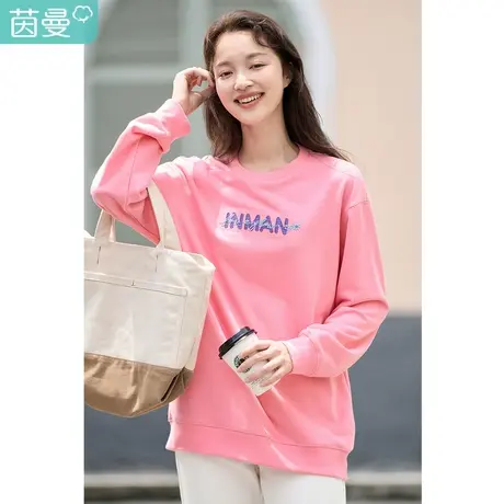 茵曼2023春女装新款休闲刺绣立体感字母宽松运动圆领套头卫衣上衣图片