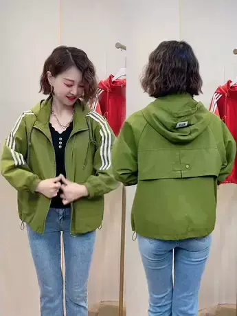 时尚宽松风衣外套女春秋季新款休闲大口袋连帽开衫工装夹克衫上衣图片