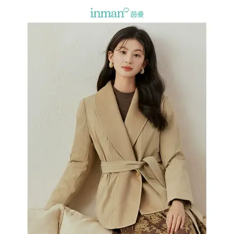 茵曼休闲翻领棉衣女2023年冬季新款气质系带收腰显瘦短款棉服外套图片