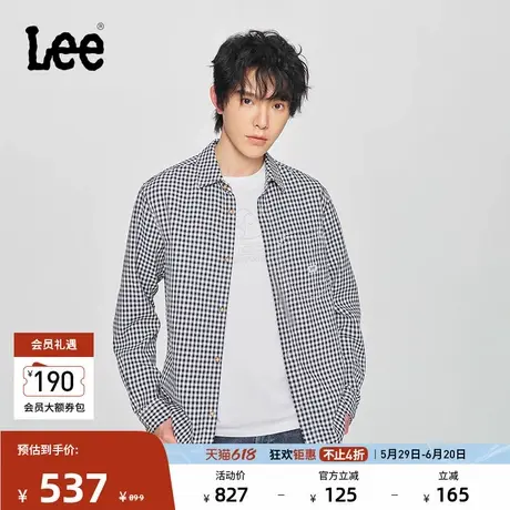 Lee商场同款25春夏新品舒适版翻领格纹101+深藏青色男长袖衬衫潮图片