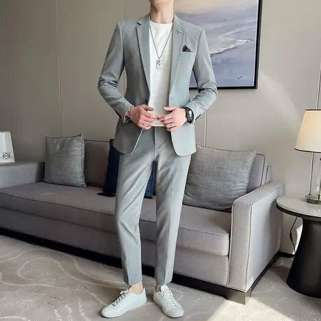 炸街高级感灰色西装男套装休闲大码韩版修身胖子痞帅职业西服外套商品大图