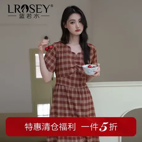 【高级感波浪V领格纹连衣裙】蓝若水大码胖MM夏装收腰显瘦A字裙图片