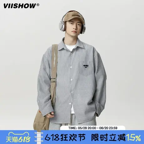 VIISHOW复古撞色条纹长袖衬衫男生潮牌宽松翻领情侣休闲衬衣外套商品大图
