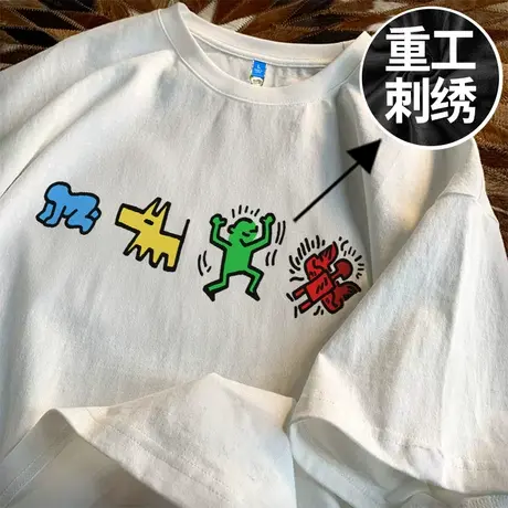 刺绣短袖T恤男美式重磅潮牌纯棉白色情侣款加肥加大码夏季半截袖商品大图