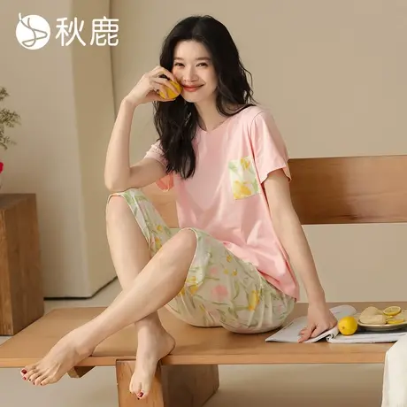 秋鹿柔软丝滑抑菌纯棉睡衣女2025夏季薄款印花短袖七分裤家居服商品大图