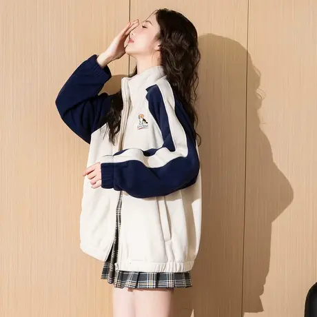 唐狮外套女新款摇粒绒立领撞色拼接休闲韩系百搭开衫上衣商品大图