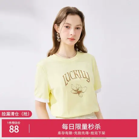 秋水伊人奥莱断码清仓简约休闲风短袖T恤夏女装百搭圆领印花上衣图片