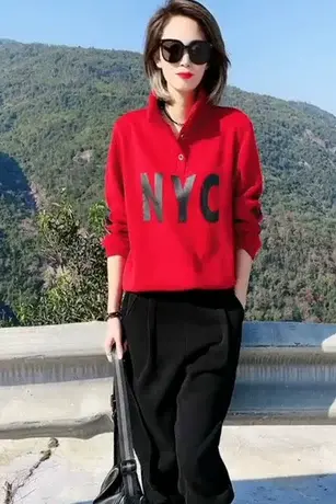 韩版加绒加厚长袖卫衣女2023秋冬新款立领宽松减龄字母印花上衣潮商品大图