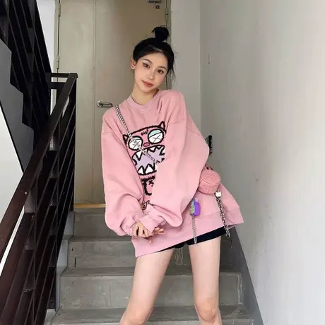 美式复古奶系卫衣女秋冬加绒oversize大码ins潮加厚粉色圆领上衣商品大图