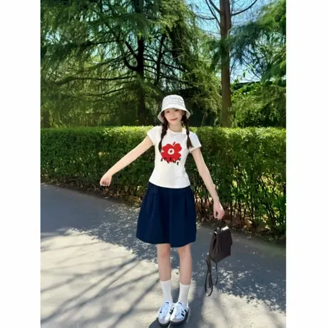 白色修身显瘦韩版上衣女2025夏季新款正肩收腰短袖t恤设计感小众商品大图