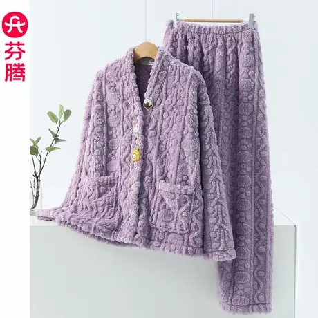 芬腾珊瑚绒睡衣女秋冬加厚保暖卡通萌趣V领有口袋外穿家居服套装商品大图