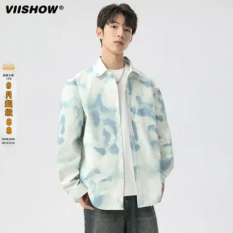 VIISHOW美式扎染长袖衬衫外套男款秋季新款潮流宽松翻领休闲夹克商品大图