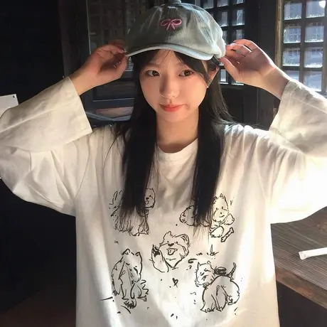 胖mm美式白色涂鸦小狗长袖T恤女港味古着内搭打底衫遮肉上衣ins潮商品大图