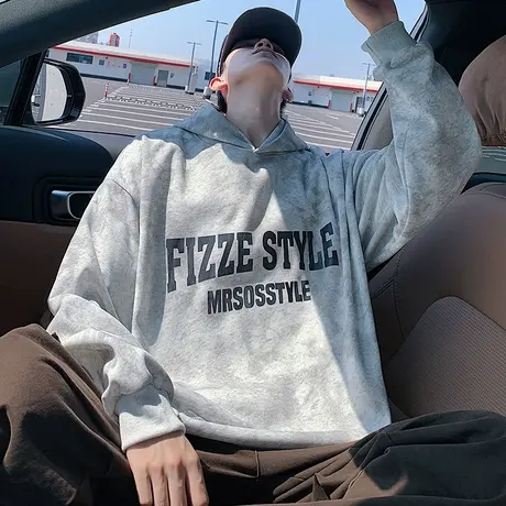 美式复古连帽卫衣男春秋季新款潮牌重磅晕染外套潮牌字母印花上衣商品大图