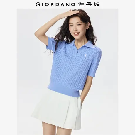 佐丹奴绞花针织polo衫女装秋季新款刺绣V字翻领短袖毛衣05355201商品大图