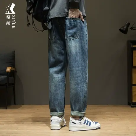 怀旧色直筒牛仔裤男秋季加大加肥胖子可穿复古九分休闲裤子男款潮商品大图