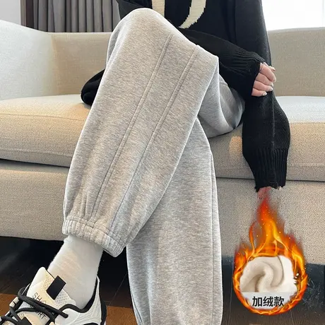 唐狮秋冬季新款休闲裤女抽绳束脚显瘦宽松侧拼加绒加厚卫裤子WTD商品大图