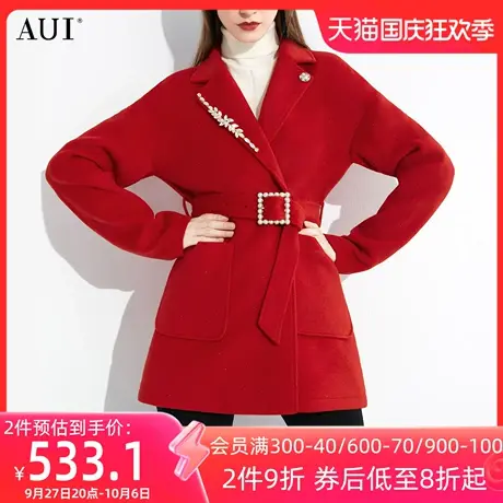AUI复古高级感大红色毛呢外套2022女冬新款气质加厚呢子西装大衣商品大图