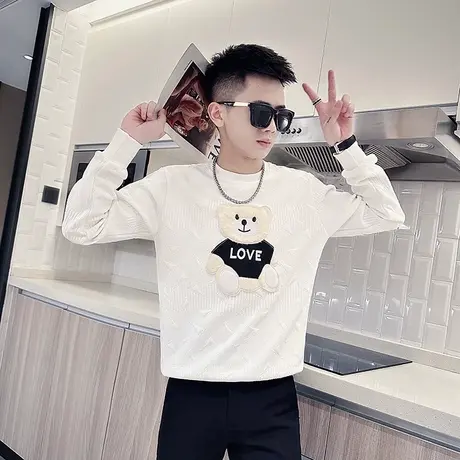 立体小熊刺绣秋季卫衣男网红痞帅穿搭上衣长袖打底衫男装T恤外套图片