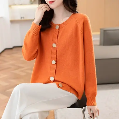 2023秋装新款韩版宽松圆领长袖纽扣针织衫开衫外套毛衣纯色上衣女商品大图