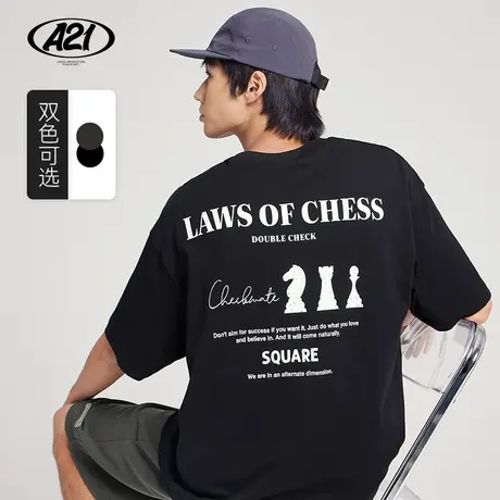 A21outlets男装黑色宽松圆领落肩短袖T恤夏季潮牌半袖上衣图片