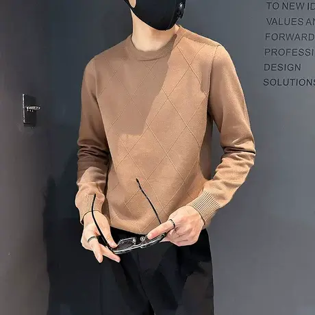 圆领毛衣男秋冬新款2023年纯色潮牌休闲菱格高级感针织打底衫体恤商品大图