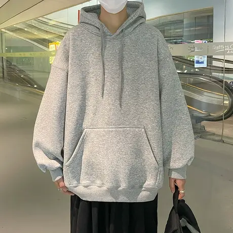 美式高街基础款长袖连帽卫衣男秋季潮牌纯色宽松百搭休闲外套上衣图片