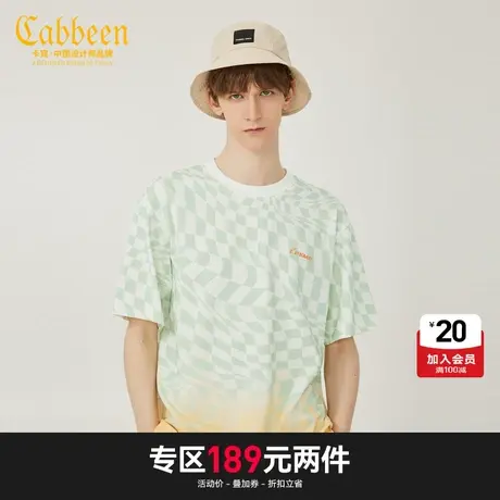 【清仓2件189】卡宾男装棋盘格渐变印花T恤夏季新款宽松纯棉短袖商品大图