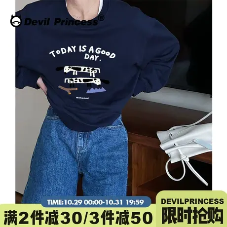 ulzzang小众ins风显白藏蓝色衣女vintage卡通潮牌宽松薄款上衣秋商品大图