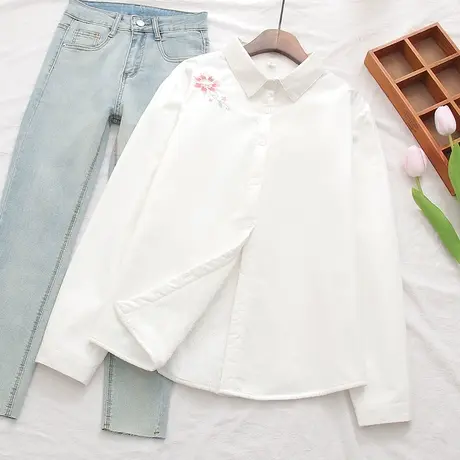 秋冬季小个子加绒加厚白色衬衫女学生小众打底保暖文艺刺绣花上衣图片