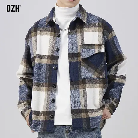 男士秋冬磨毛格子衬衫男长袖高级感痞帅2023新款休闲通勤衬衣外套商品大图