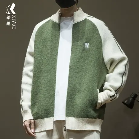 美式复古撞色针织开衫男士宽松大码秋冬潮牌重磅半高拉链毛衣外套商品大图