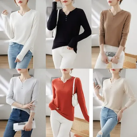 享永子【依翡丝羊毛】可单穿可打底 基础款V领软糯打底衫上衣女商品大图