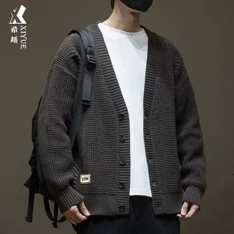 810g重磅日系开衫毛衣男冬季宽松大码男士保暖V领针织外套毛线衣商品大图