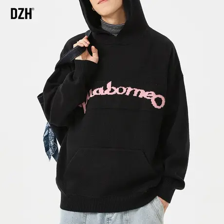 男士黑色套头连帽针织衫男冬季外套休闲提花毛线衣2023新款连帽衫商品大图