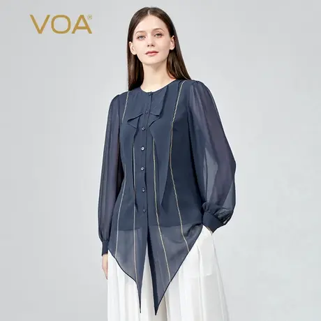 VOA真丝乔其黛蓝圆领长袖领巾刺绣拱针装饰双层尖角摆桑蚕丝衬衫图片