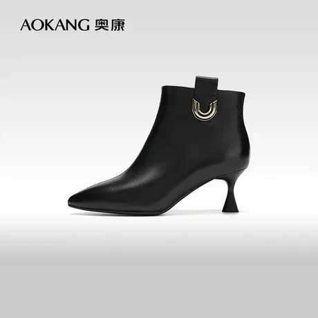 【门店发货】奥康女鞋 冬季新款法式尖头真皮短靴细跟时装靴图片