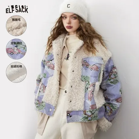 妖精的口袋拼接印花毛绒棉服女2023冬季新款复古轻薄宽松棉衣外套图片