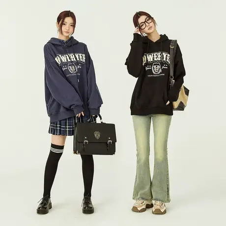 yep发泡印花黑色连帽卫衣女春秋装2023新款美式复古外套中性潮牌图片