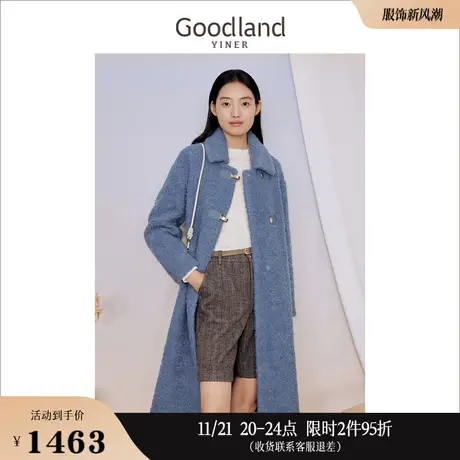 Goodland美地女装冬季优雅长款金属搭扣环保羊毛皮草大衣外套商品大图