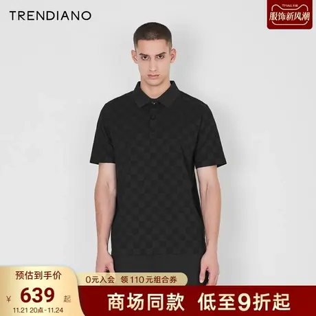 【棋盘格】TRENDIANO轻奢黑色POLO衫2023夏款短袖翻领T恤短袖上衣图片